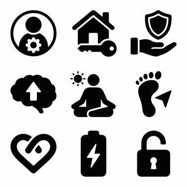 Kullanıcı profili, ev anahtarı, güvenlik kalkanı, beyin geliştirme, yoga, pil şarjı ve çeşitli uygulamalar için kilitlenmemiş asma kilit içeren dokuz modern daire simgesi.