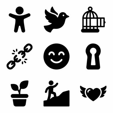 Kişisel gelişim ve özgürleşme kavramlarını sembolize eden dokuz vektör ikonundan oluşan bir derleme. Özgürlük, neşe, yeni başlangıçlar ve beyaz arka planda izole edilmiş engelleri aşmak için semboller içerir..