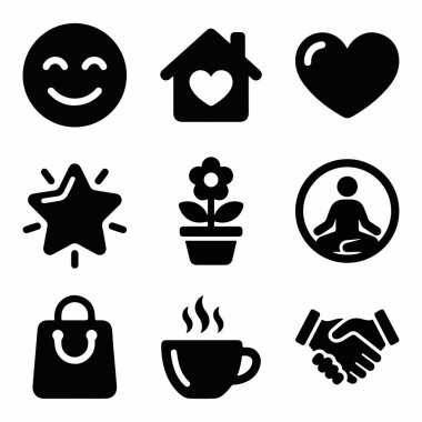 Pozitif yaşam tarzı sembollerinin vektör grafik seti. Mutluluk, sevgi, ev, konfor, meditasyon, doğa, alışveriş ve anlaşma simgeleri içerir.