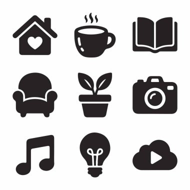 A collection of nine solid black icons representing home life and leisure activities including a house, coffee, book, armchair, plant, camera, music, lightbulb, and cloud media.