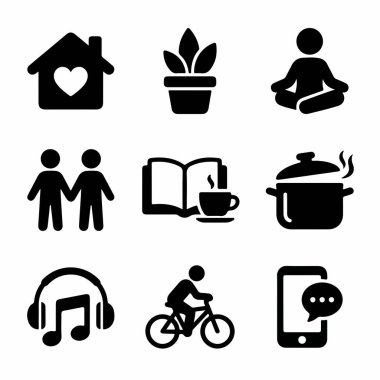 Yoga, okuma, yemek pişirme ve sağlıklı ve dengeli bir yaşam için bisiklet gibi hobileri ve günlük aktiviteleri temsil eden dokuz siyah sembol koleksiyonu..