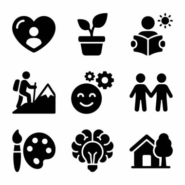 Kişisel gelişimi, hobileri ve refahı temsil eden dokuz siyah simge seti. Aşk, öğrenme, yürüyüş, akıl sağlığı, sanat ve ev sembolleri içerir.