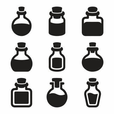 Sihir, simya veya bilim teması için mükemmel cam şişe ve şişe şekillerini tasvir eden dokuz basit siyah ve beyaz vektör ikonundan oluşan bir derleme..