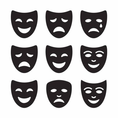 Beyaz arka planda izole edilmiş dokuz siyah tiyatro maskesinden oluşan bir koleksiyon. Maskeler mutluluk, üzüntü, ağlama ve kahkaha gibi insani duyguları temsil ediyor..