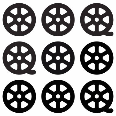 Bir ızgarada düzenlenmiş tekerlek ya da dişlilere benzeyen dokuz basit dairesel simge koleksiyonu. Simgelerden üçü Q harfine benzetilmiştir..