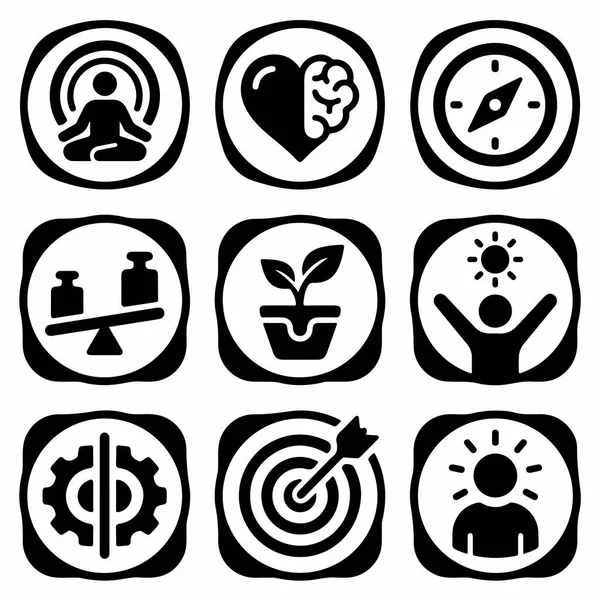 Farkındalık, duygusal zeka, hedefler, büyüme ve web ve uygulama tasarımı için denge gibi kavramları temsil eden dokuz düz sembol..