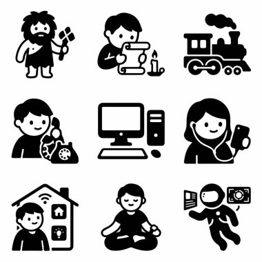 İnsan medeniyetinin zaman çizelgesini ve teknolojik ilerlemeyi gösteren siyah semboller koleksiyonu, taş devri ve endüstriyel devrimden dijital çağa ve gelecekteki uzay keşiflerine kadar..