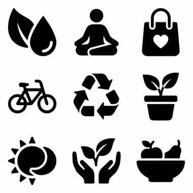 Çevre dostu ve sağlıklı bir yaşam tarzını temsil eden dokuz siyah katı ikondan oluşan bir derleme. Doğa, meditasyon, geri dönüşüm, sürdürülebilir ulaşım ve sağlıklı gıda sembolleri içerir..