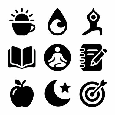 Yoga, meditasyon, günlük tutma, sağlıklı beslenme ve dengeli bir yaşam için hedefler belirlemeyi temsil eden basit siyah simgelerinin toplanması.