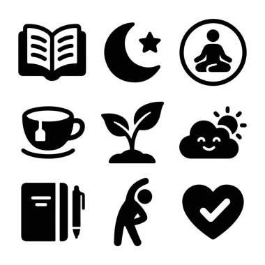 Dengeli bir yaşam için günlük sağlık aktivitelerini, okuma, meditasyon, egzersiz, günlük tutma ve sağlıklı alışkanlıkları temsil eden dokuz siyah katı ikondan oluşan bir derleme..