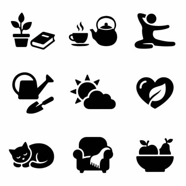 Dokuz katı siyah ikondan oluşan bir derleme dengeli bir hayatı sembolize ediyor yoga bahçıvanlığı da dahil olmak üzere çay hayvanları sağlıklı yiyecekler ve sağlıklı yaşam kavramı için ev konforu..