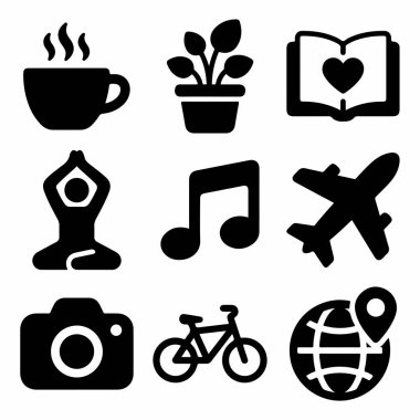 A collection of nine simple black icons representing various hobbies and interests like coffee, plants, reading, yoga, music, travel, photography, cycling, and world exploration.