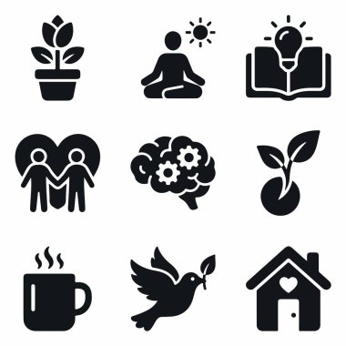 Pozitif yaşam tarzı kavramları için basit sembol setleri. Meditasyon yapan bir insan, büyüyen bir bitki, barışçıl bir güvercin, sevgi dolu bir ev ve düşünen bir beyin gibi semboller..