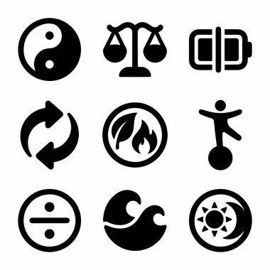 Yin yang, adalet, pil, geri dönüşüm, doğa elementleri, tek döngülü denge, bölünme, dalga ve güneş ay sembolleri içeren ikon koleksiyonu.