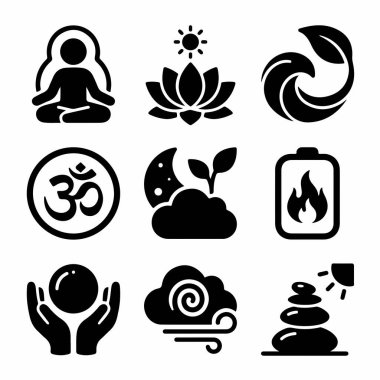 Ruhsal ve sağlıklı kavramları temsil eden dokuz siyah simgenin bir derlemesi. Meditasyon, nilüfer çiçeği, Om, doğa, enerji, denge ve farkındalık sembolleri içerir.