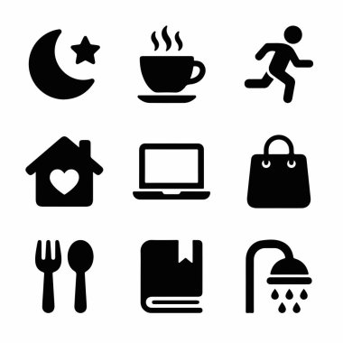 Uyku, kahve, koşu, ev, iş, alışveriş, yemek, kitap ve duş gibi günlük yaşam aktivitelerini temsil eden dokuz simgenin bir derlemesi..