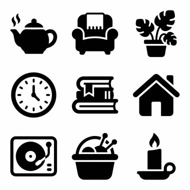 Bir çaydanlık, koltuk, kitaplar, bitki, saat, ev, pikaplar, örgü örme ve mum da dahil olmak üzere konforlu ve rahat bir ev hayatını temsil eden dokuz simge..