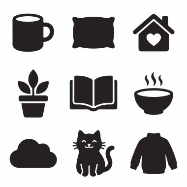 Evdeki rahatlık ve rahatlık için basit sembol seti. Şirin bir kedi, sıcak kazak, sıcak çorba, açık kitap ve düz vektör tarzında diğer samimi elementler..