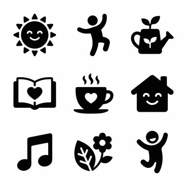 Gülümseyen bir güneş, mutlu bir insan, ev, kahve, müzik ve pozitif ve neşeli bir yaşam tarzını temsil eden doğa sembollerinden oluşan dokuz katı simge koleksiyonu..