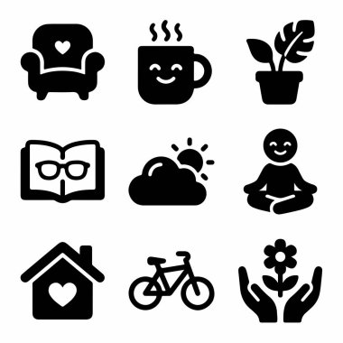 Rahatlığı, rahatlığı ve meditasyonu, okumayı, bisikleti ve ev hayatını temsil eden dokuz basit siyah ikondan oluşan bir koleksiyon..