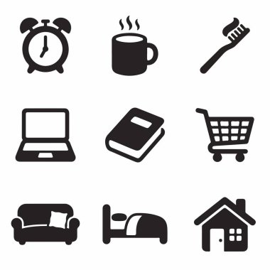 Günlük aktiviteleri ve nesneleri temsil eden dokuz basit siyah beyaz simge koleksiyonu. Çalar saat, kahve fincanı, diş fırçası, dizüstü bilgisayar, kitap, alışveriş arabası, kanepe, yatak ve ev içerir.