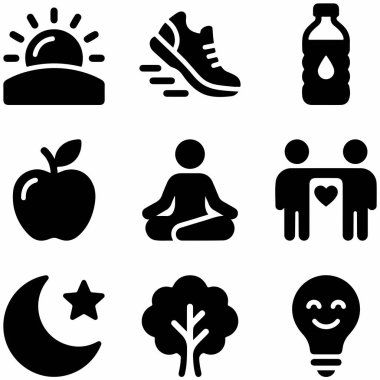 Spor, diyet, uyku, farkındalık ve pozitif ilişkiler de dahil olmak üzere sağlıklı bir hayatın kilit yönlerini temsil eden basit siyah simgelerden oluşan bir derleme..