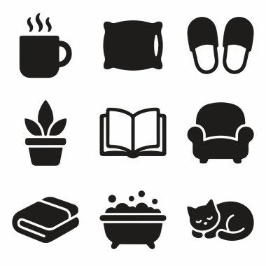 Bir kahve fincanı, yastık, terlik, bitki, kitap, koltuk, havlu, banyo ve uyuyan bir kedi de dahil olmak üzere ev rahatlığını ve rahatlığını temsil eden dokuz siyah simgeden oluşan bir koleksiyon..