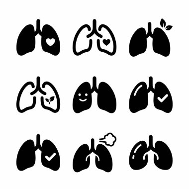 Sağlıklı insan akciğerlerini temsil eden dokuz basit siyah ikondan oluşan bir derleme. Kalp, yaprak, kontrol işareti, tıbbi ve sağlıklı tasarım için nefes alma gibi semboller içerir.
