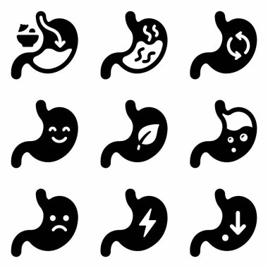 Sindirim, hazımsızlık, acı, mutluluk, doğal beslenme ve metabolizma gibi mide sağlığı kavramlarını gösteren dokuz sembol..