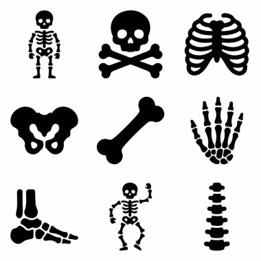 Kafatası, göğüs kafesi, omurga, leğen kemiği, el ve ayak kemikleri gibi insan iskeletinin çeşitli parçalarını gösteren dokuz siyah ikondan oluşan bir vektör kümesi..