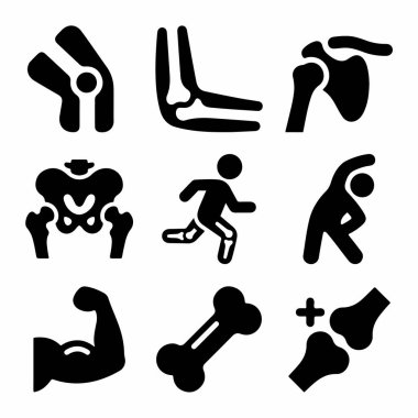 Diz dirseği, omuz ve kalça eklemi içeren siyah ve beyaz simgelerin toplanması. Kas ve kaslar tıbbi veya fitness tasarımı için koşup esneme hareketleri..