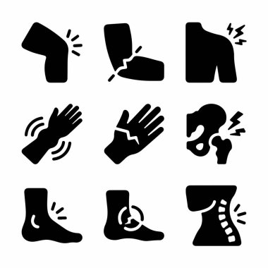 Diz, dirsek, omuz, el, el, kalça, ayak, ayak ve boyun ağrısı gibi çeşitli fiziksel acı ve yaralanmaları gösteren dokuz adet koyu siyah simge koleksiyonu..