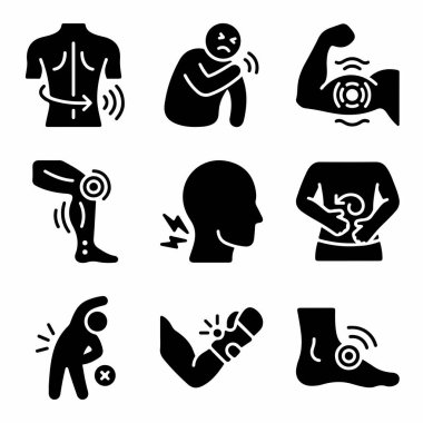 Sırt ağrısı, baş ağrısı, diz, mide ve kas hasarı semptomları da dahil olmak üzere çeşitli insan vücut ağrılarını temsil eden dokuz adet koyu siyah sembol..