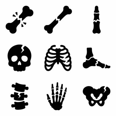 Kafatası, omurga, leğen kemiği ve el ve kaburga kemikleri gibi iskelet parçalarını da içeren çeşitli insan kemik kırıklarını tasvir eden dokuz siyah katı ikondan oluşan bir set..