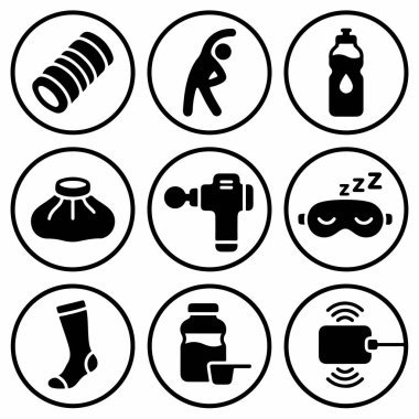 Spor kurtarma araçlarını ve köpük silindiri, gerdirme, su, buz torbası, masaj tabancası, uyku, sıkıştırma, takviye ve TENS ünitesi de dahil olmak üzere etkinlikleri temsil eden dokuz dairesel ikondan oluşan bir koleksiyon..