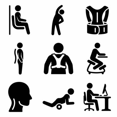 Ergonomik ve duruş ile ilgili koyu siyah simgelerin bir derlemesi, esneme, sırt askıları, ergonomik oturma, ve fiziksel terapi ve sağIık için köpük rulo.