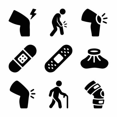 Diz ağrısını, eklem yaralanmasını, bandajları, buz torbalarını, yürüyüş takımlarını ve sağlık hizmetleri kavramları için ortopedik diş tellerini temsil eden dokuz basit siyah ikondan oluşan bir derleme..
