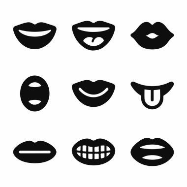 Farklı ağız ve dudak ifadelerini tasvir eden dokuz basit siyah simge koleksiyonu. Gülümsemeyi, ağzını açmayı, dilini çıkarmayı ve çizgi filmlerde ya da avatarlarda kullanılmak üzere dişlerini göstermeyi içerir..
