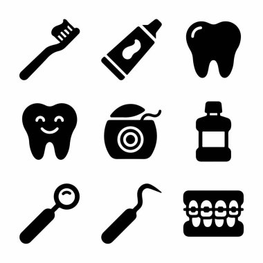 A collection of nine black solid glyph icons representing dental care, oral hygiene, and orthodontics. Includes toothbrush, toothpaste, tooth, floss, mouthwash, dental tools, and braces.