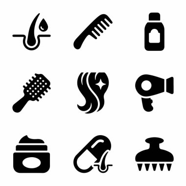 Saç bakımı kavramlarını temsil eden dokuz basit siyah ikondan oluşan bir koleksiyon. Şampuan, tarak, fırça, saç kurutma makinesi, krem ve beyaz arka planda saç sağlığı ürünleri..