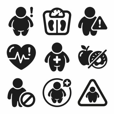 Obeziteyi, kilo terazilerini, sağlık uyarılarını, kalp sorunlarını ve sağlıklı gıdalar ile abur cubur gibi diyet seçeneklerini temsil eden basit siyah simgelerden oluşan bir derleme..