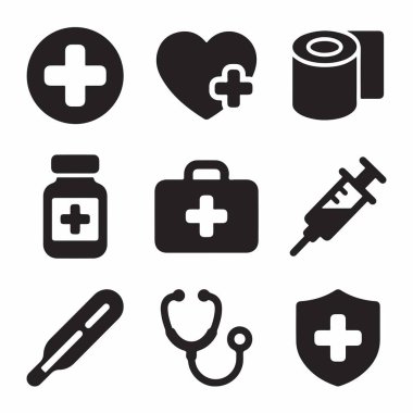 İlk yardım kiti, steteskop, şırınga, termometre ve web ve mobil uygulamalar için kalp sembolü içeren dokuz temel tıbbi ve sağlık vektör ikonundan oluşan bir koleksiyon.