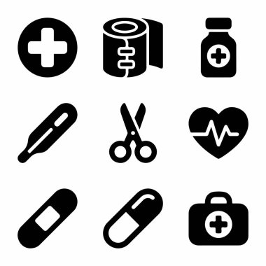 Haç, bandaj, ilaç şişesi, termometre, makas, kalp atışı, yara bandı, kapsül ve sağlık çantası gibi temel tıbbi ve ilk yardım simgelerinden oluşan bir koleksiyon..