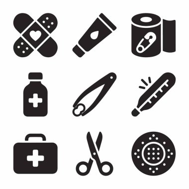 Sargı bezi, merhem, termometre, makas ve acil sağlık hizmetleri için tıbbi yardım çantası da dahil olmak üzere koyu siyah kabartma biçiminde temel ilk yardım ve tıbbi ikonların bir koleksiyonu..