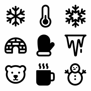 Bir kar tanesi, termometre, igloo, eldiven, buz saçağı, kutup ayısı, sıcak içecek ve kardan adam gibi soğuk hava temalarını temsil eden dokuz basit simge seti..