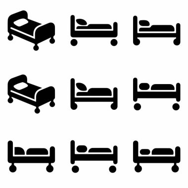 Beyaz arka planda izole edilmiş dokuz minimalist yatak ikonu koleksiyonu. Bu set, web tasarımı, konukseverlik veya tıbbi uygulamalar için mükemmel olan hem izometrik hem de yan profil görünümlerini içerir..