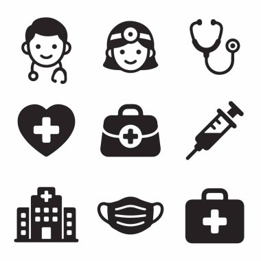 Doktorlar, hastane, steteskop, şırınga ve ilk yardım çantası gibi tıbbi temaları temsil eden dokuz basit simge koleksiyonu. İzole vektör illüstrasyonu.