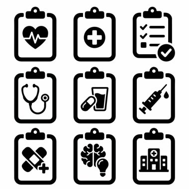 Hastane bakımı, ilaç, tanı ve akıl sağlığı gibi çeşitli tıbbi temaları temsil eden dokuz düz siyah beyaz simge..