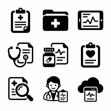 Hasta kayıtları, teşhisler, EKG, reçeteler ve dijital bulut sağlığı verileri gibi tıbbi kavramları temsil eden dokuz basit simge koleksiyonu..