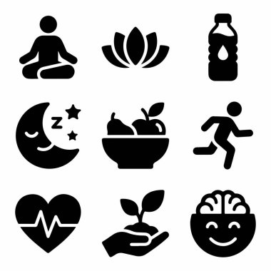 Meditasyon, beslenme, egzersiz, uyku, susuzluk ve zihinsel refah gibi sağlıklı yaşam formlarını tasvir eden dokuz adet siyah beyaz simge..